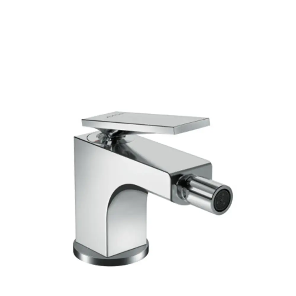 Einhebel-Bidetmischer von AXOR mit Hebelgriff und Zugstangen-Ablaufgarnitur in chromfarbener Ausführung. Klarer, moderner Designstil.
